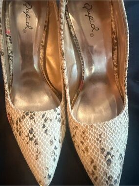 Qupid Snake-Print Pointed Toe Heels with Pink Accents